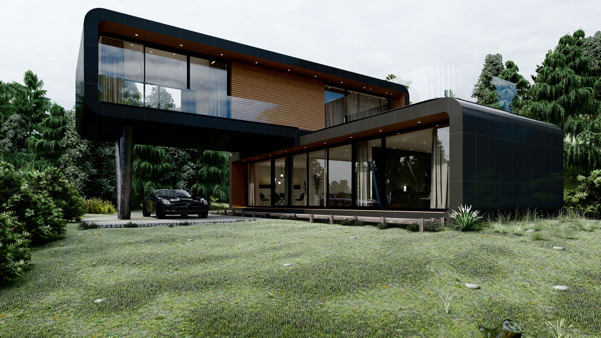 Architectural visualization of modern house in the forest