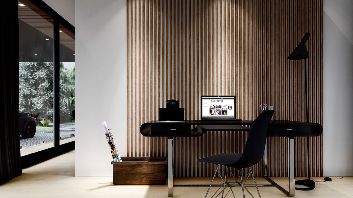 Visualization of desk area with wooden feature wall