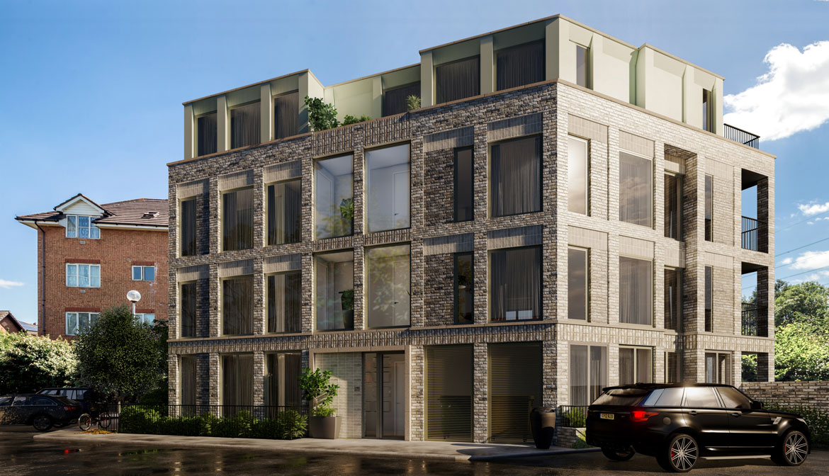 Exterior visualization of brick apartment building in London, United Kingdom
