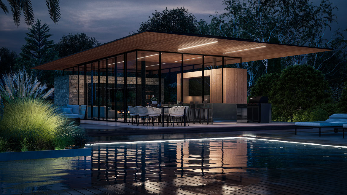 Architectural visualization of glass pavilion at night