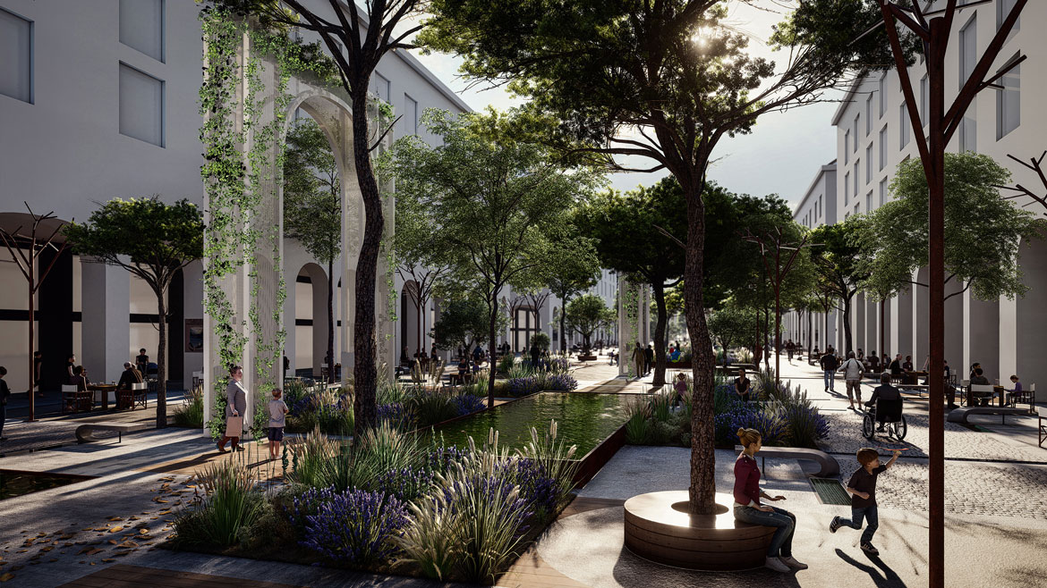 Sitting areas along the walkway in architectural proposal for regeneration of Aristotelous Square in Thessaloniki
