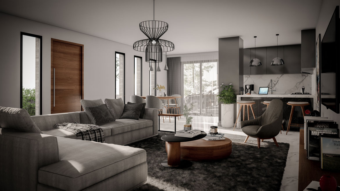 Living room and kitchen area 3D visualization