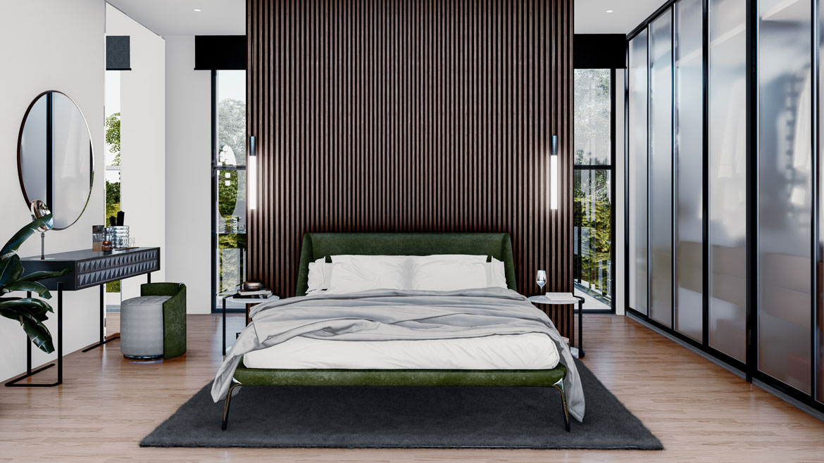 3D render of bedroom with wooden feature wall