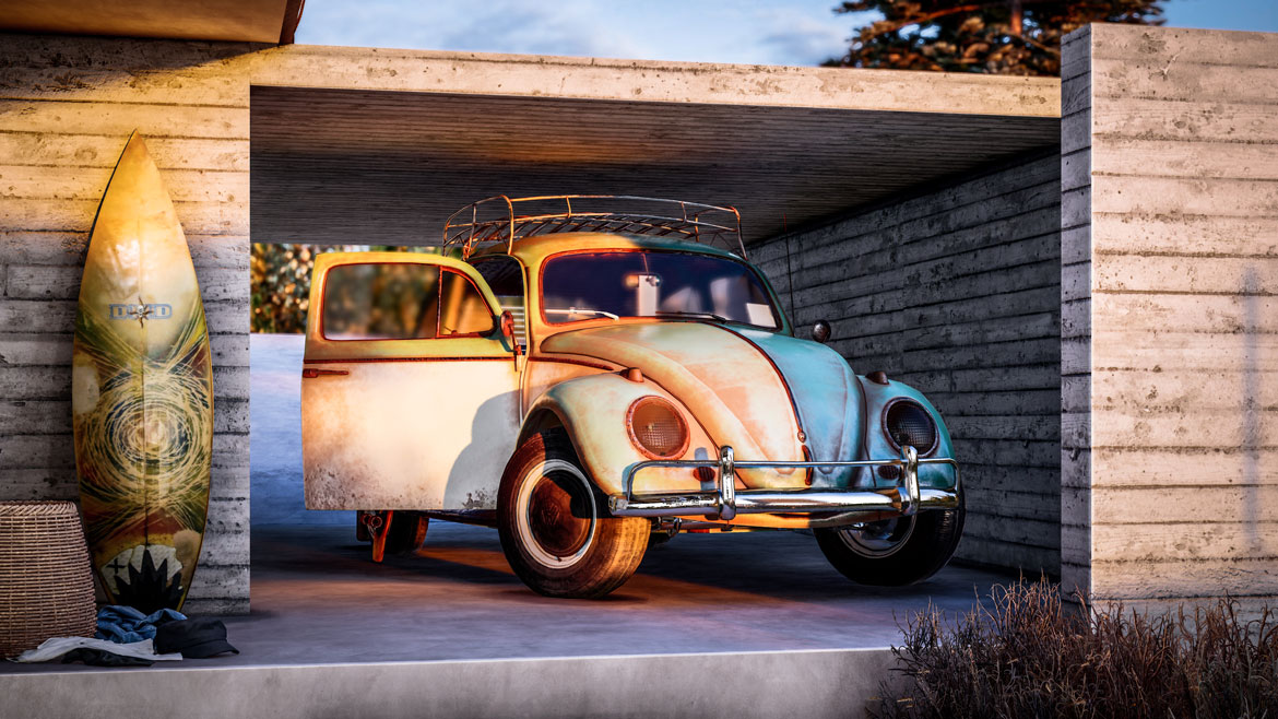 3D render of rusted Beetle car